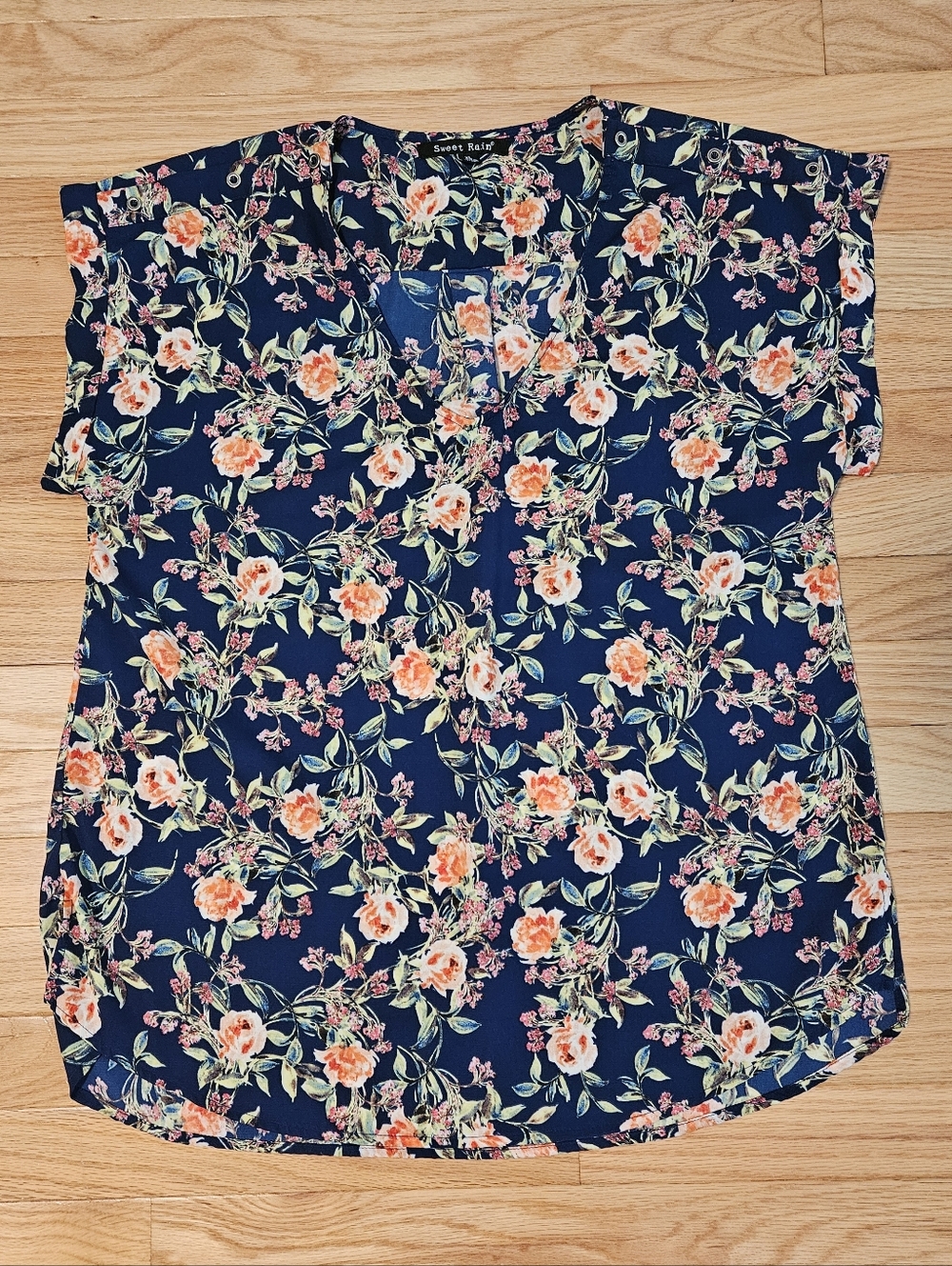 Sweet Rain Women's Navy Floral Blouse Size XL Short Sleeve V-Neck
